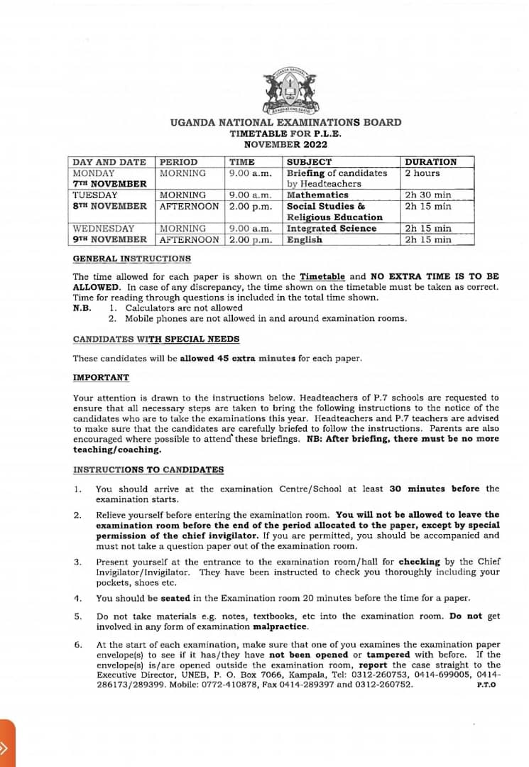 UNEB Examination Timetable [UACE, UCE and PLE] 2022/2023